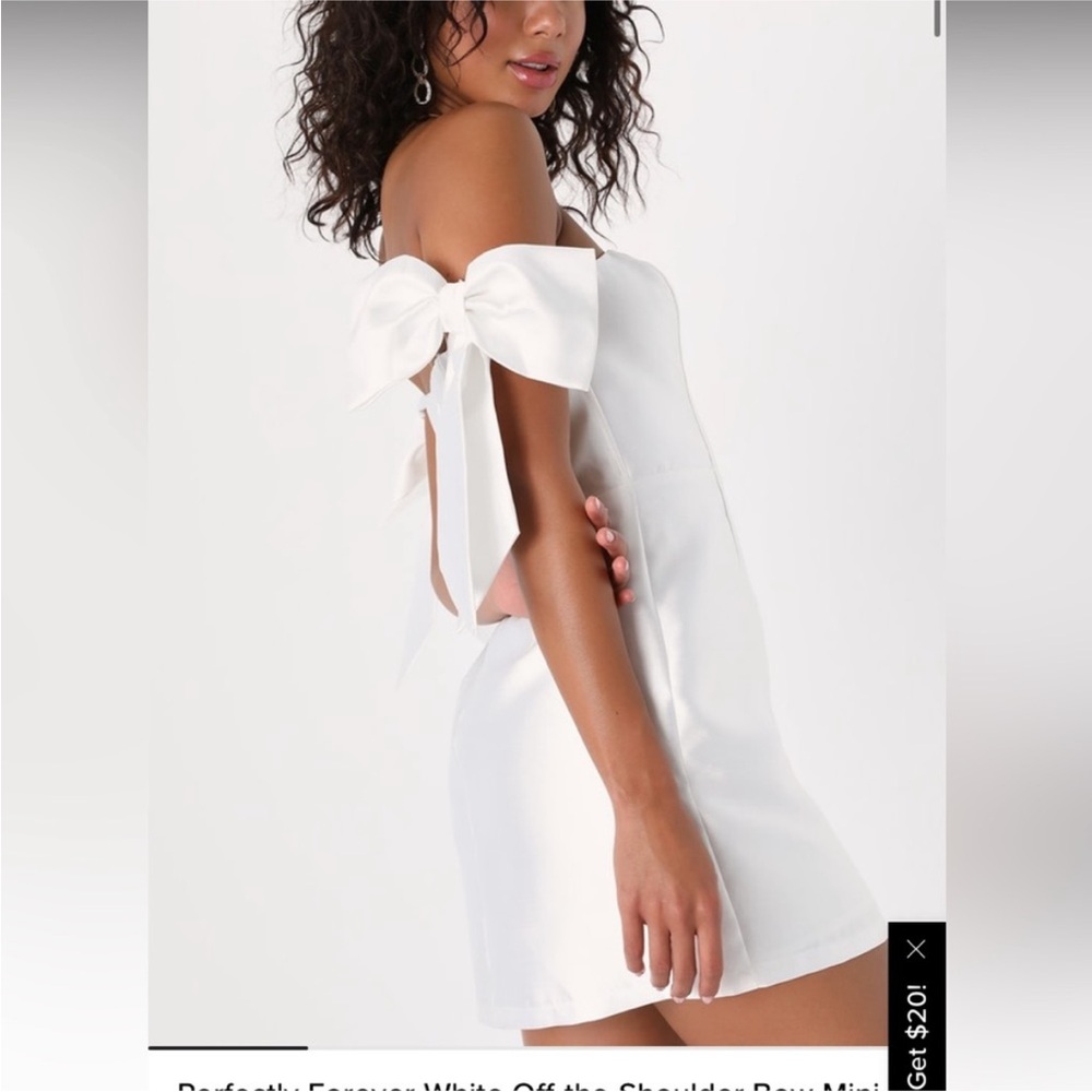 Lulu’s Perfectly Forever White Off-the-Shoulder Bow Mini Dress